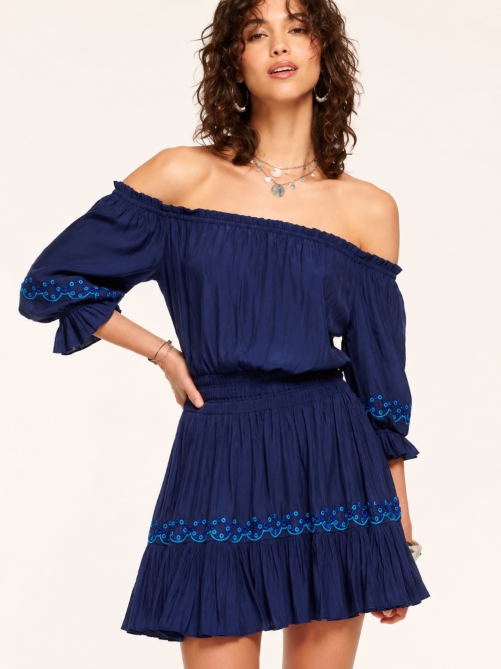 Ramy Brook Daisy Dress NWT Navy Off Shoulder Embroidered Mini XS S $495